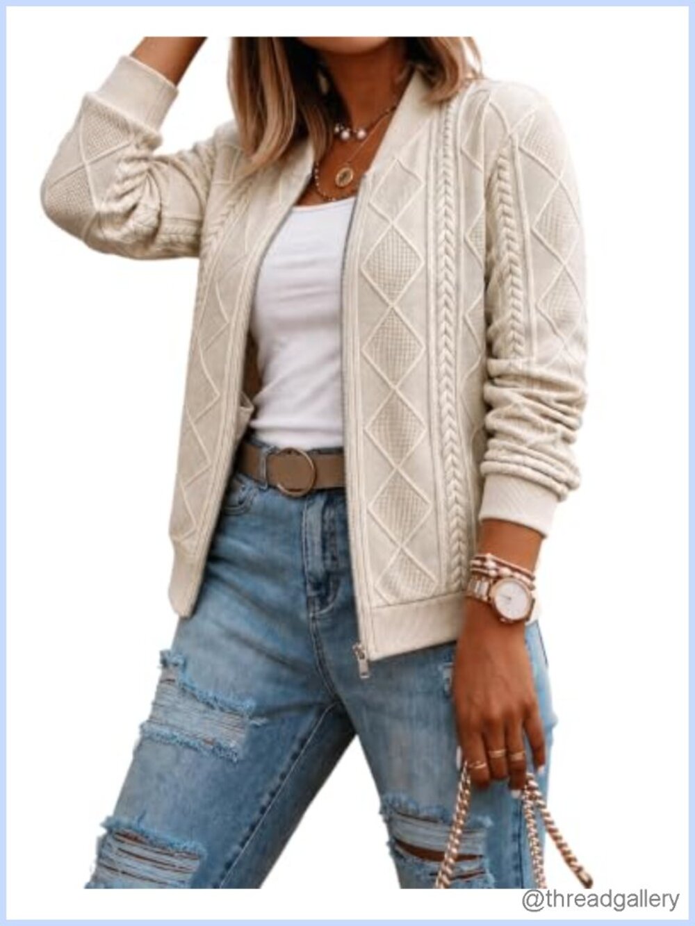 Cable Knit Zip Up Crop Jacket Argyle Stand Collar Casual Coat